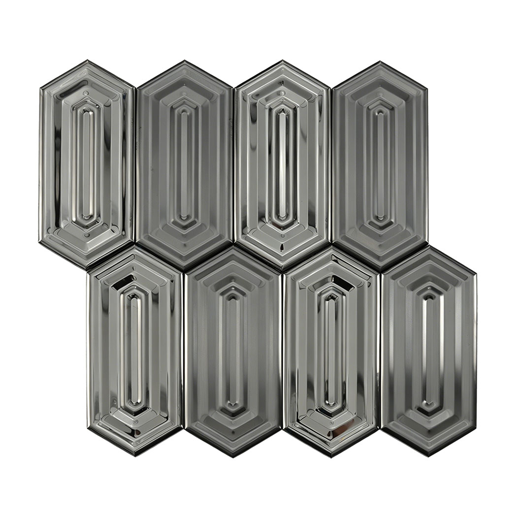 Black picket shape stainless steel mosaic tile sheet front view with mirror and brushed texture