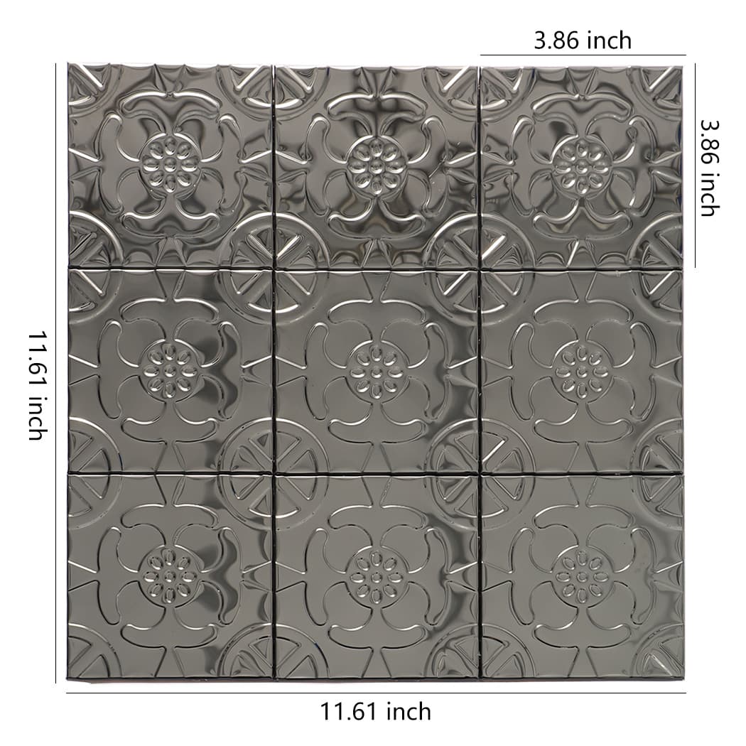 Dimension guide for a black embossed floral stainless steel mosaic tile sheet.