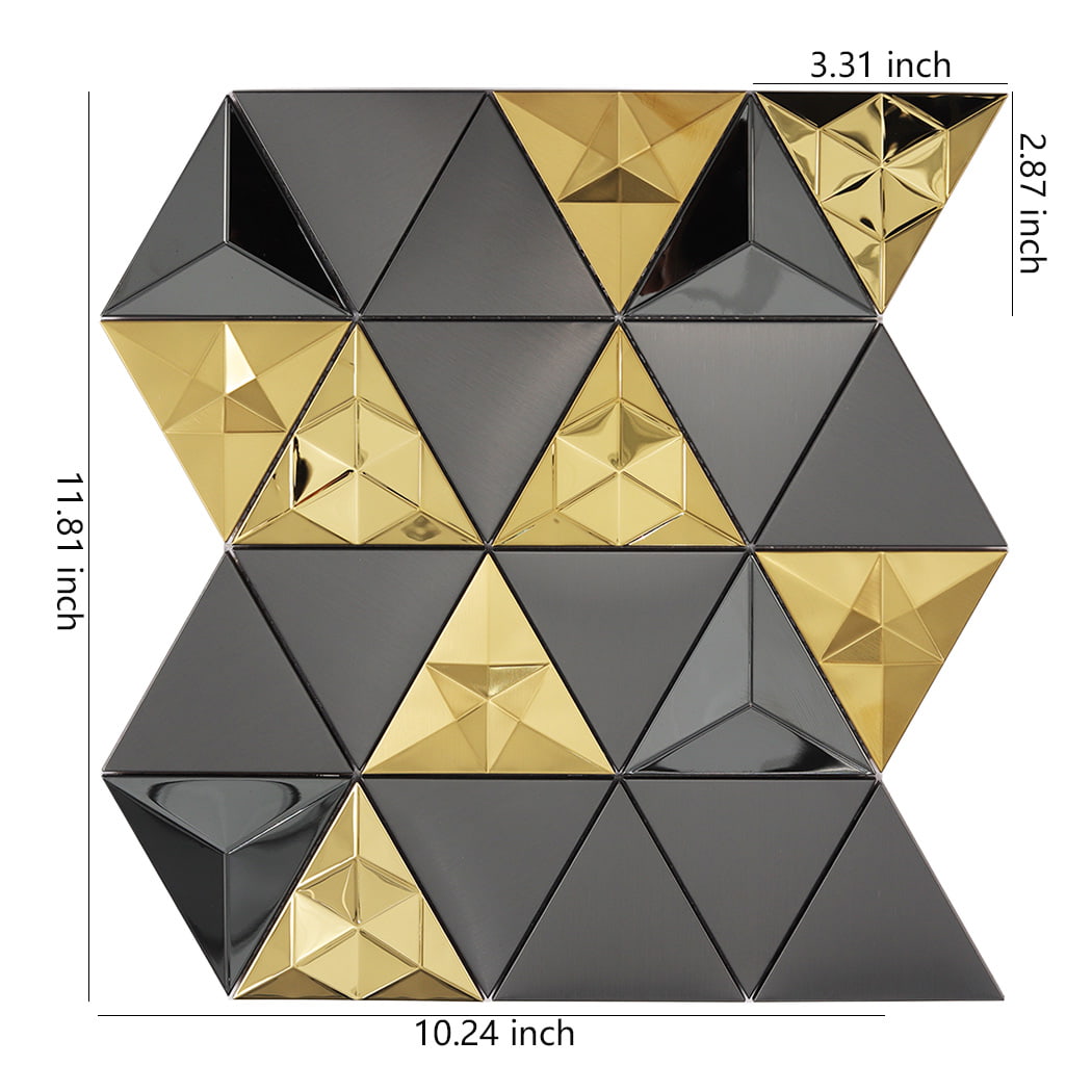 Dimensions of black and gold 3D triangle metal mosaic tile sheet in inches.