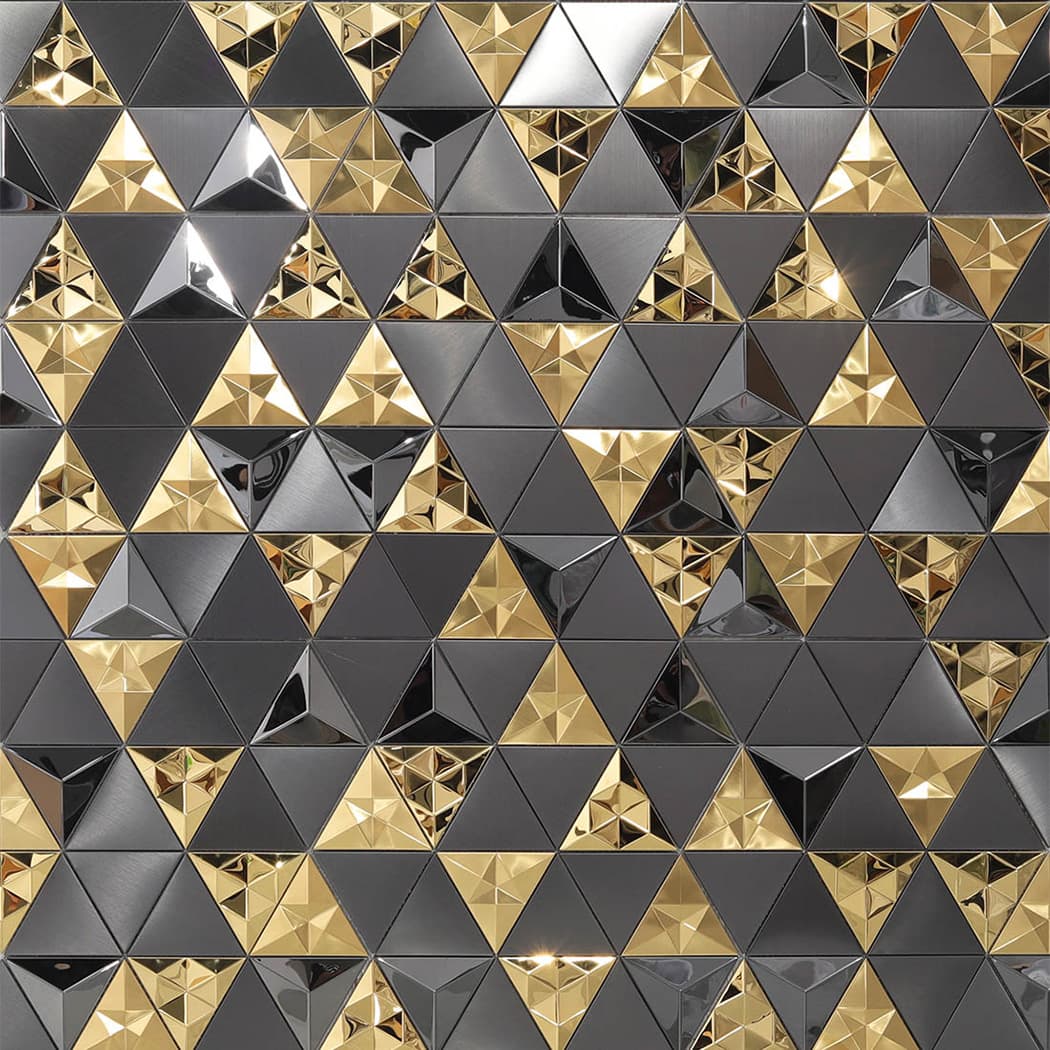Full wall installation of black and gold 3D triangle metal mosaic tiles.