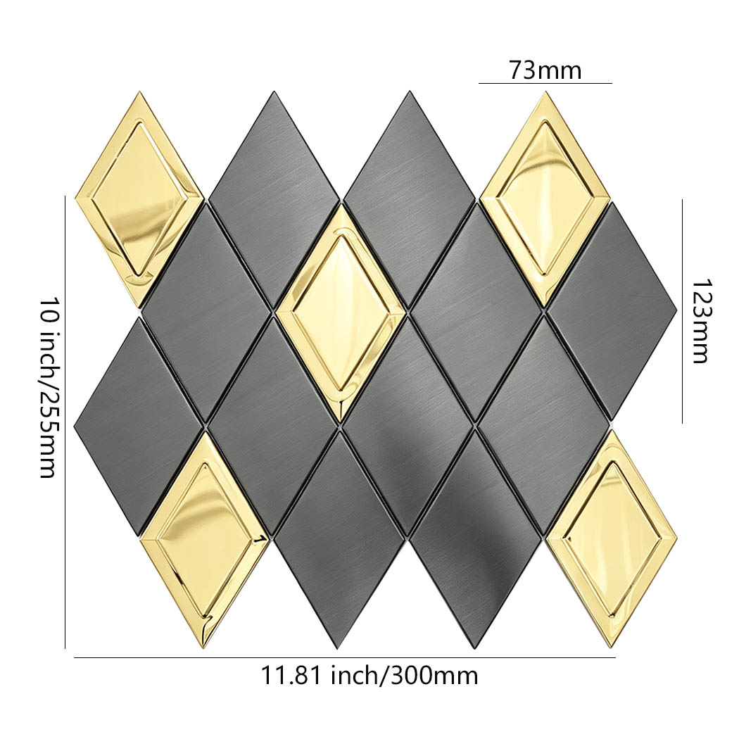Black and gold diamond metal mosaic tile sheet with size details
