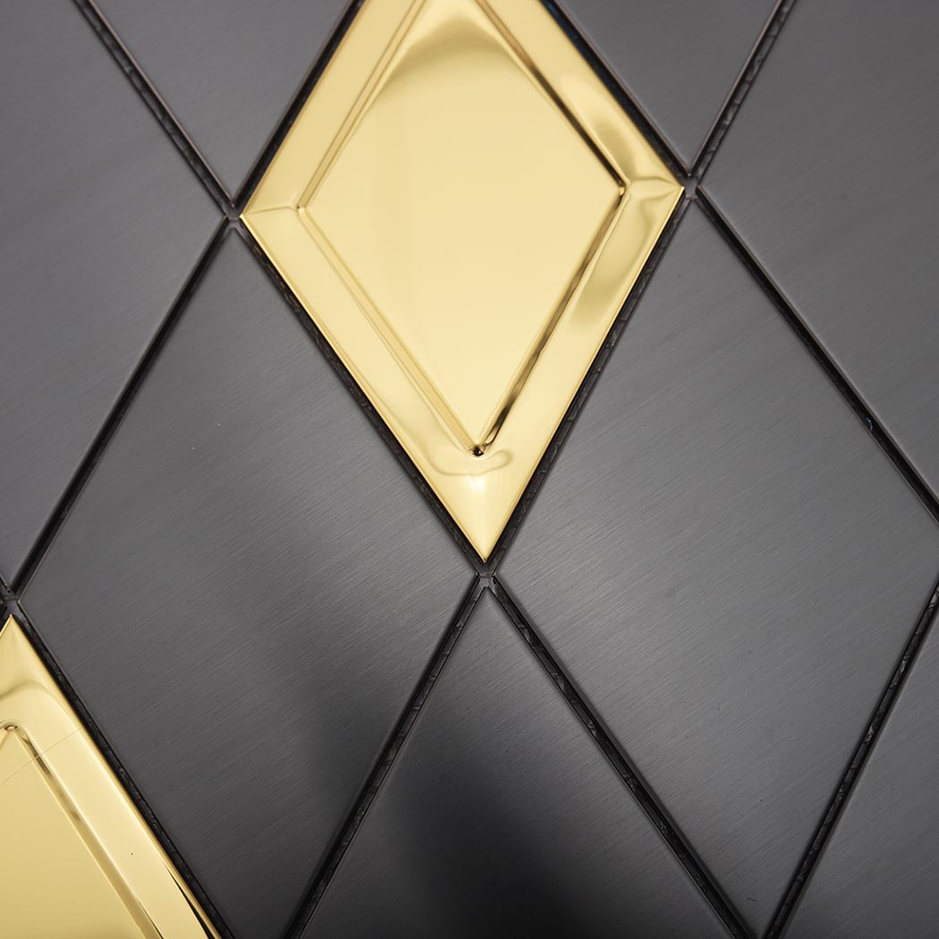 Detailed black brushed and reflective gold diamond metal mosaic tile texture