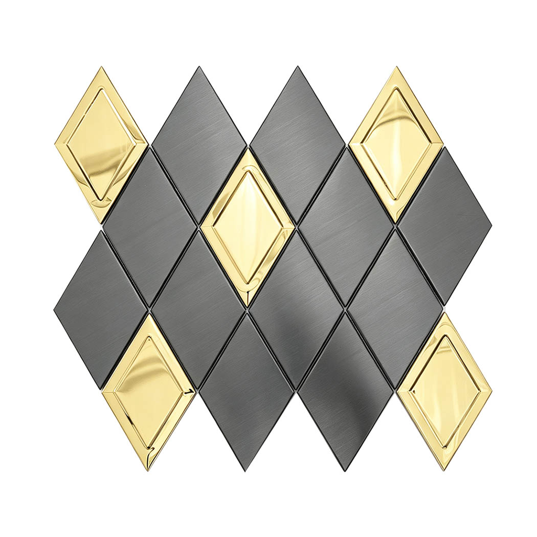 Black brushed metal and gold diamond mosaic tile sheet