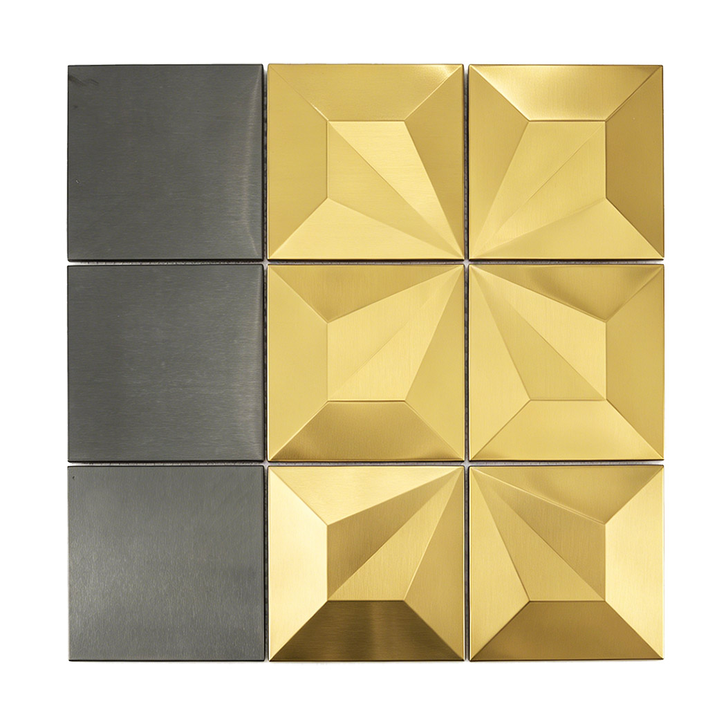 Black and gold square metal mosaic tile sheet with raised 3D center pieces