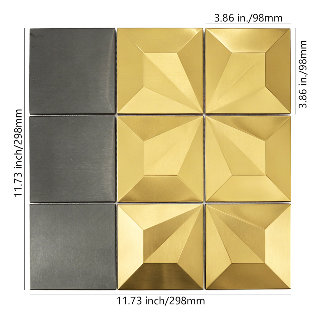 Black and gold square metal mosaic tile sheet with size measurements