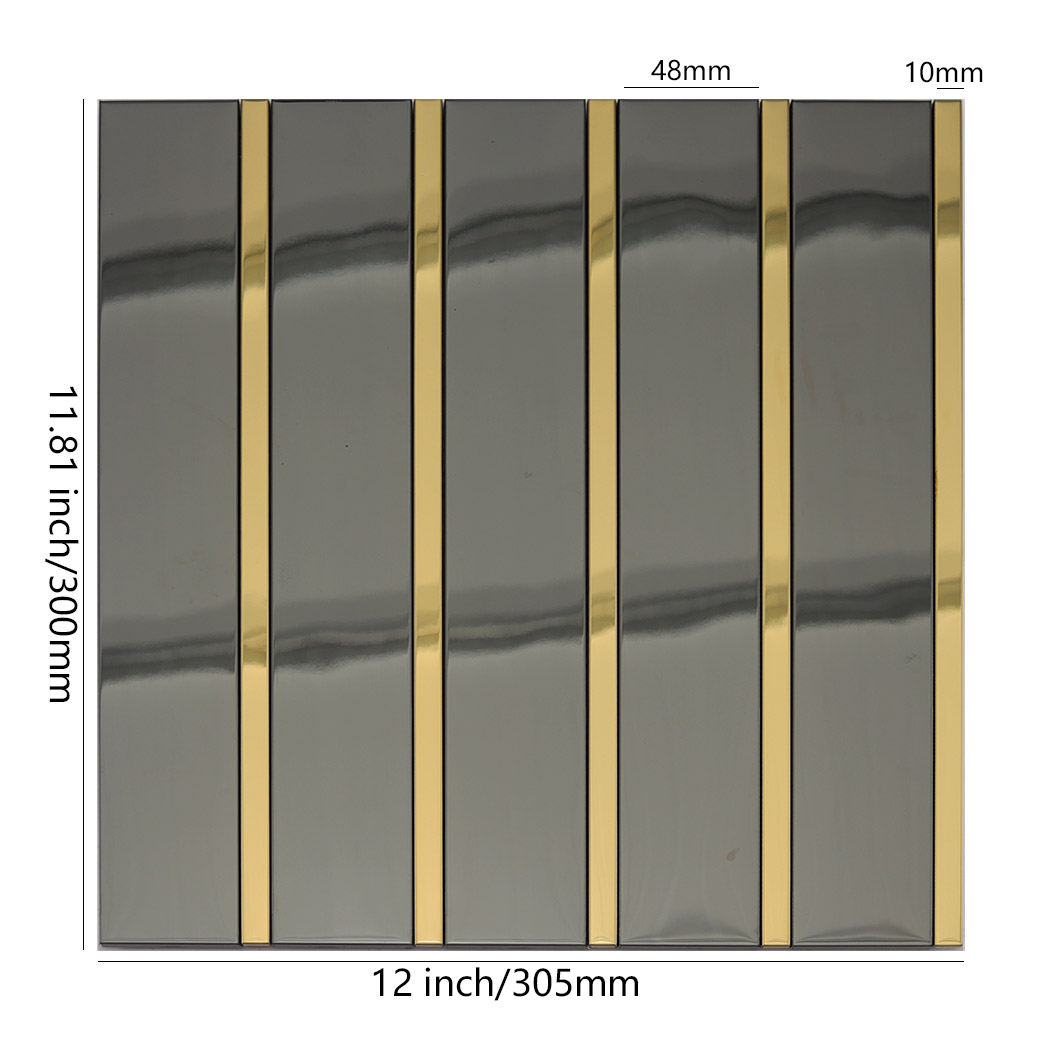 Black and gold stainless steel vertical stacked tile sheet with size markings