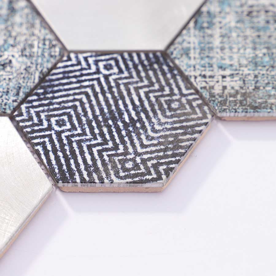 Edge detail of black and grey hexagon aluminum mosaic tile sheet