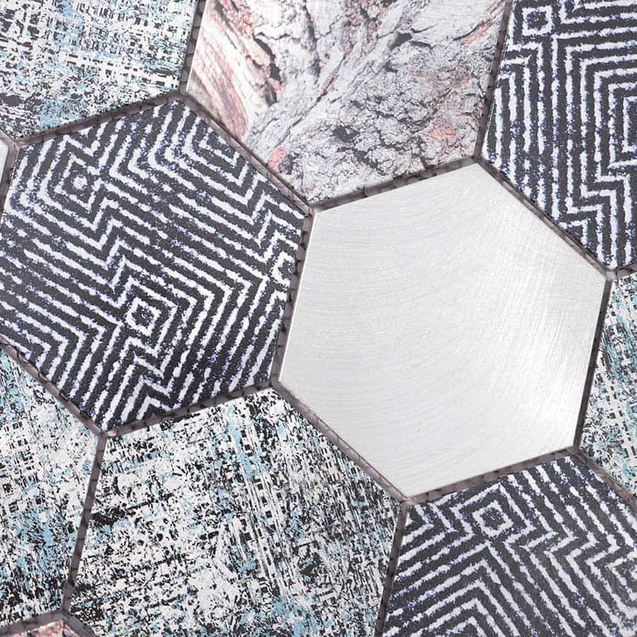 Close-up of patterned black and grey hexagon aluminum mosaic tiles