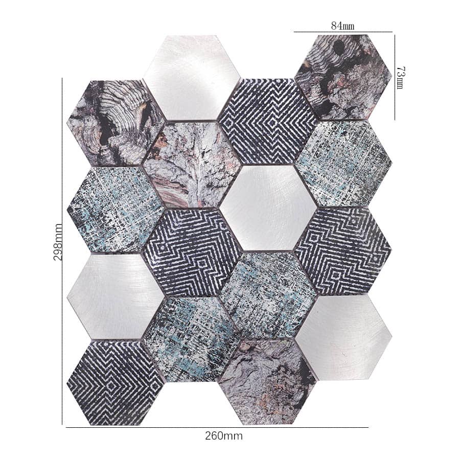 Black and grey hexagon aluminum mosaic tile with mixed patterns and size measurements