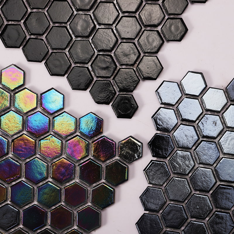 Black hexagon mosaic tiles in iridescent glass, glossy black, and mirror finish