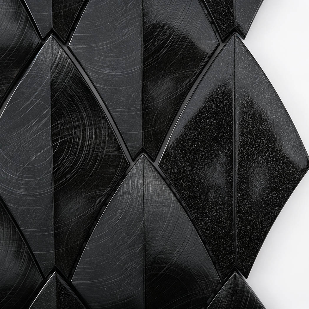 Close-up of black leaf aluminum mosaic tile pattern with mixed surface finishes
