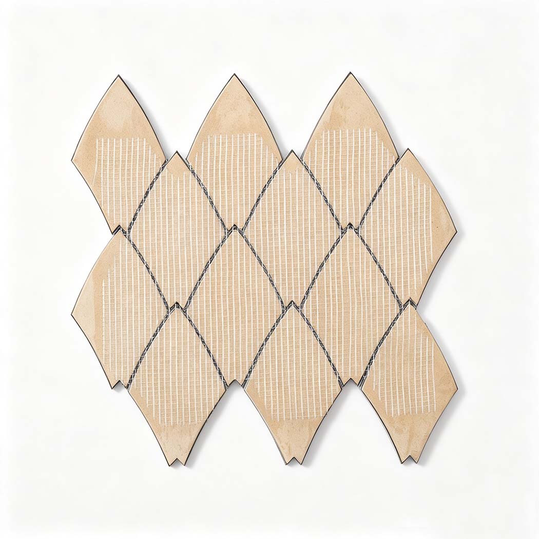 Back view of black leaf aluminum mosaic tile sheet with mesh backing