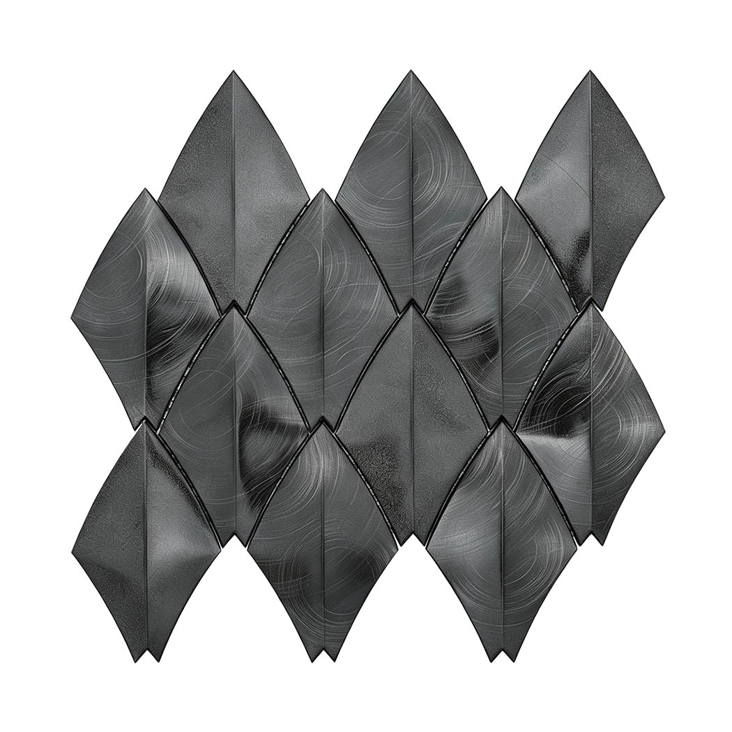 Black leaf aluminum mosaic tile sheet on a white background