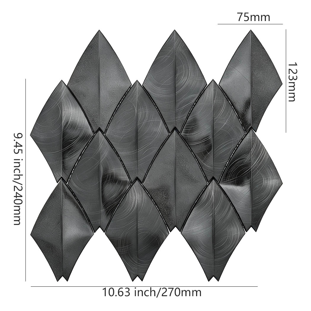 Black leaf aluminum mosaic tile sheet with size details
