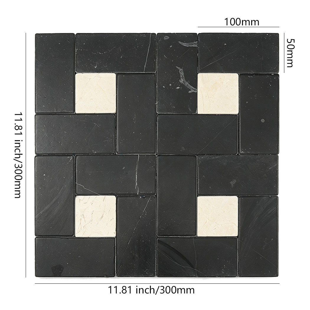 Nero black pinwheel marble tile with cream dots and 300 mm sheet dimensions