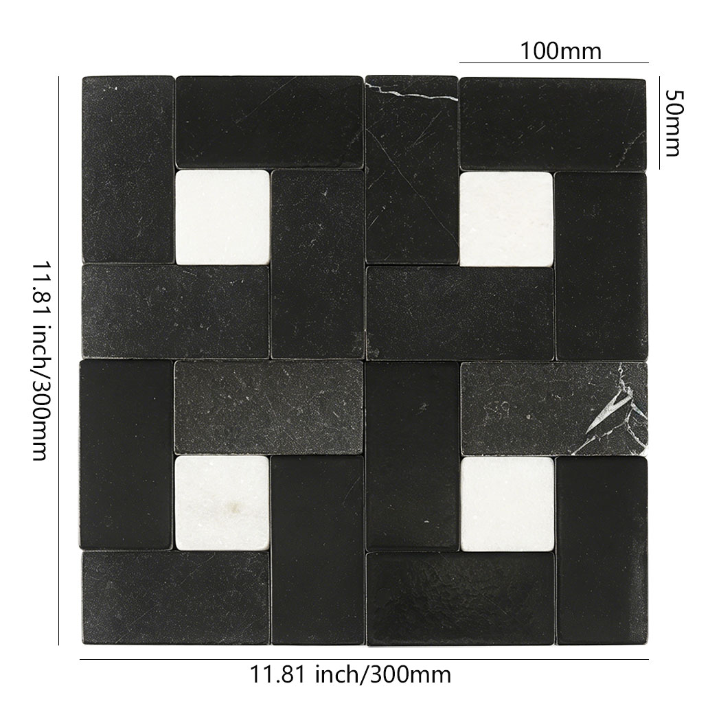 Black marble geometric mosaic with white accents and 300 mm sheet dimensions