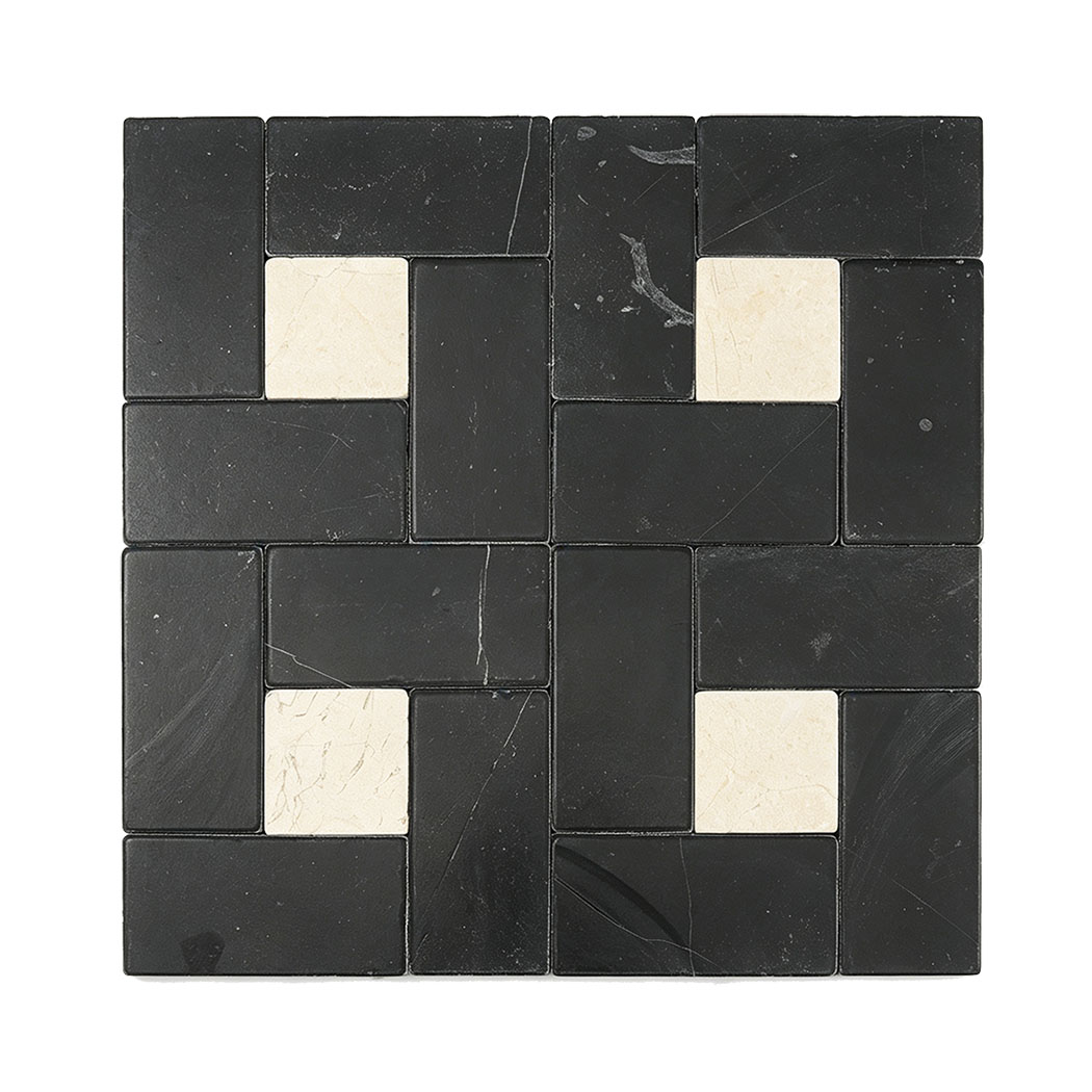 Black marble rectangles form a pinwheel pattern around cream square dots
