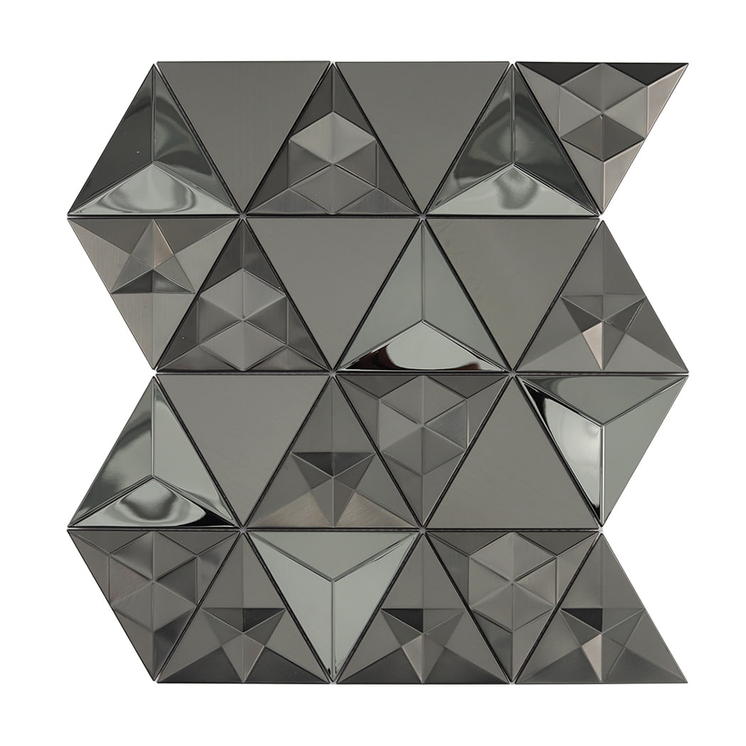 A complete sheet of black metallic 3D geometric triangle mosaic tiles for wall decor.
