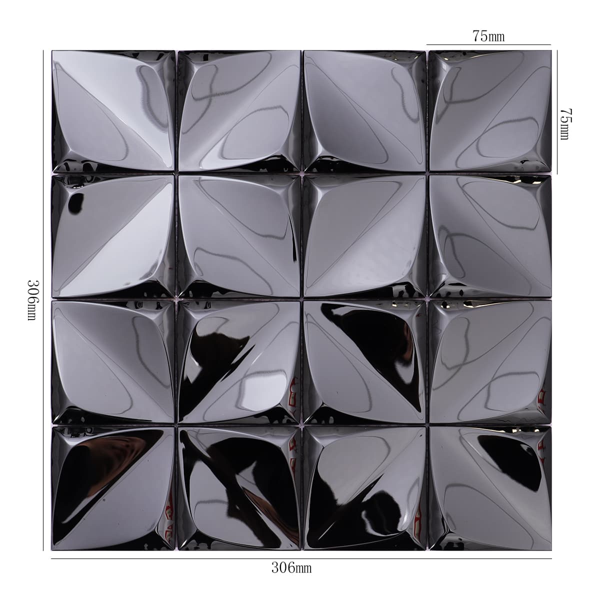 Front view of black 3D mirror mosaic tile sheet with dimension grid