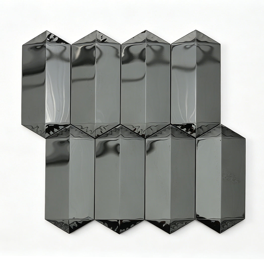 Black mirror long hexagon mosaic tile sheet with glossy reflective surface