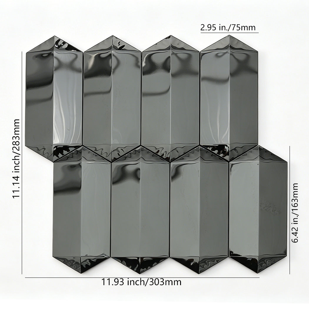 Black mirror picket mosaic tile sheet with size measurements on white background