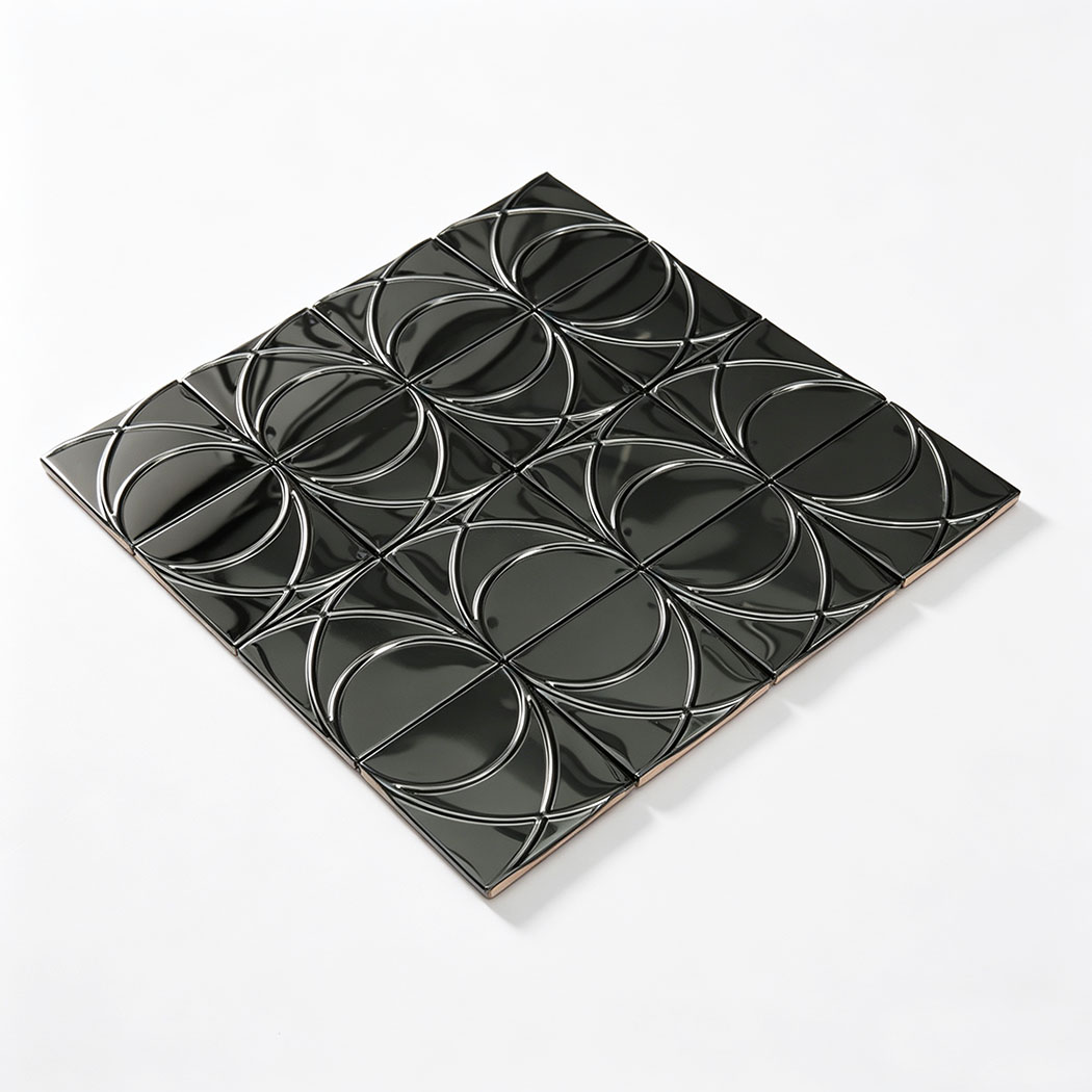 Angled view of black mirror stainless steel circle mosaic tile