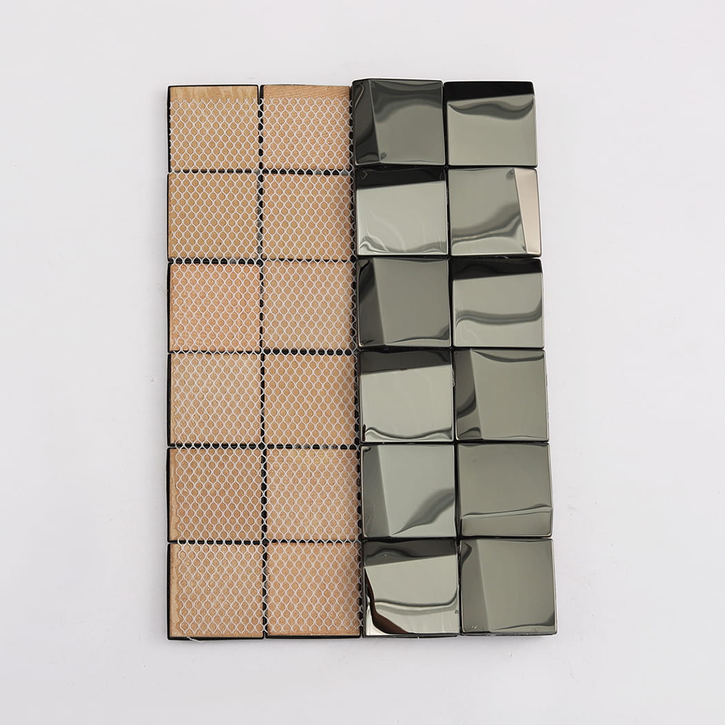 Front and back view of mosaic tiles showing the mesh backing and reflective surface.