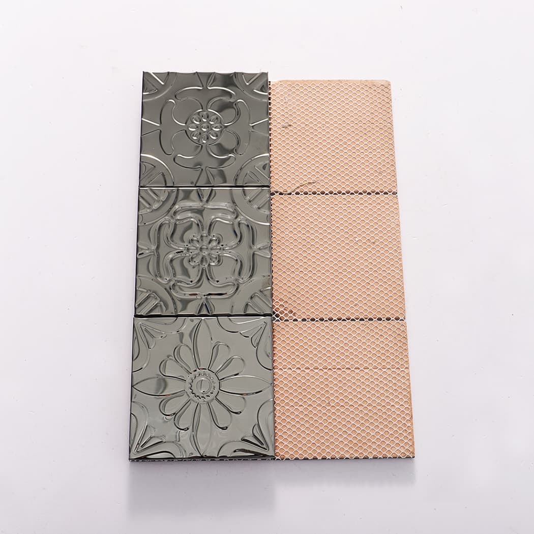 Front tiles and mesh backing shown for a black embossed patchwork mosaic tile sheet.