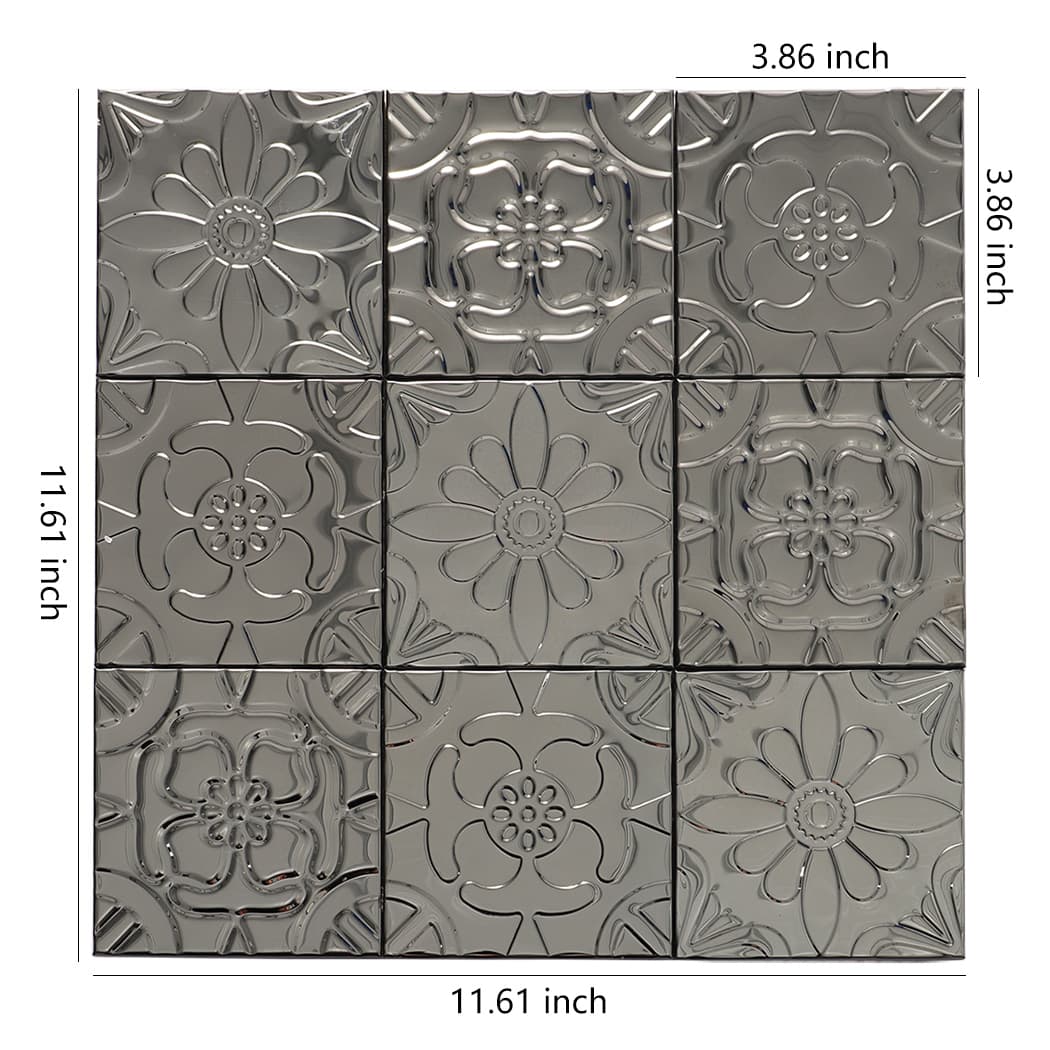Size chart for a black embossed patchwork mosaic tile sheet with floral patterns.