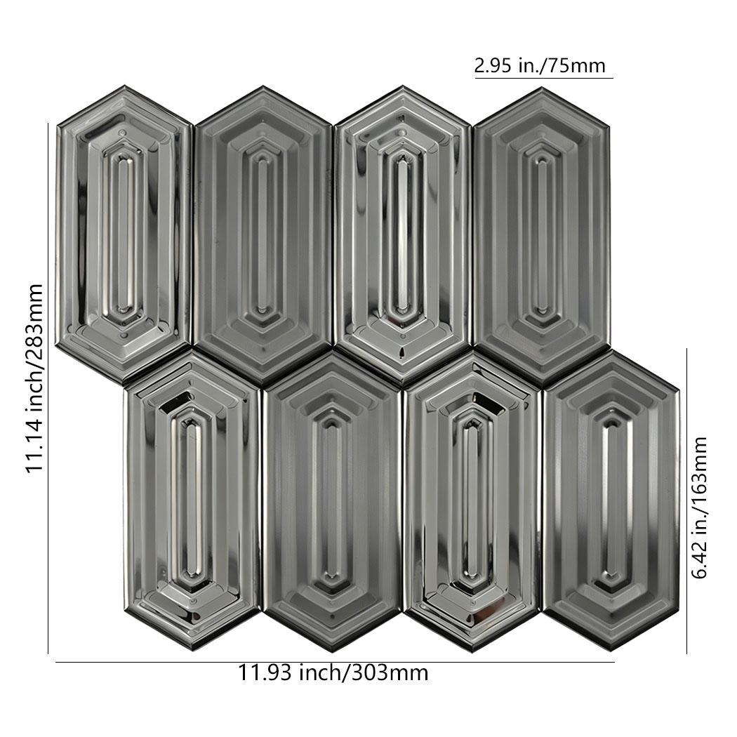 Black elongated hexagon stainless steel mosaic tile sheet angled view mirror brushed finish
