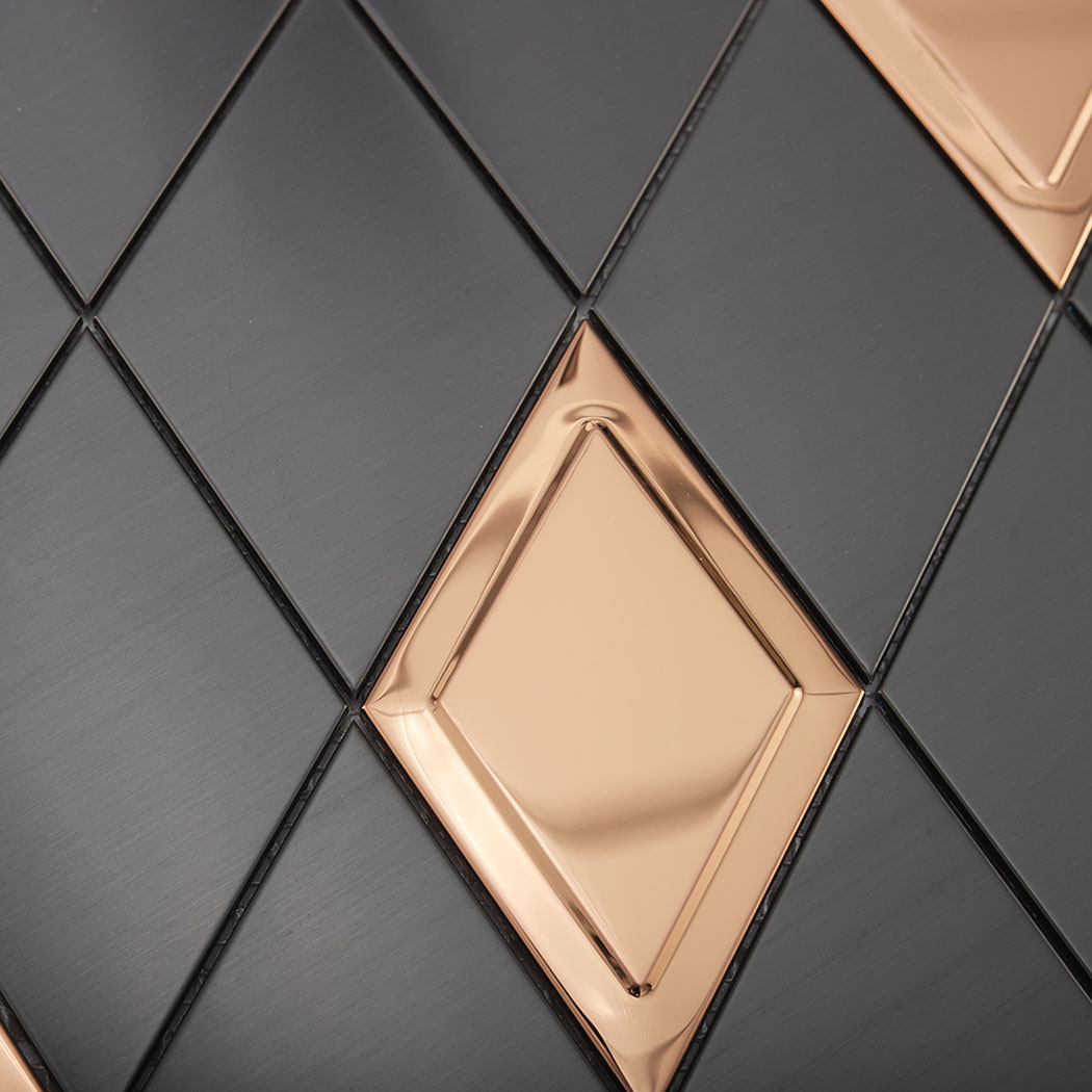 Detailed black brushed and reflective rose gold diamond metal mosaic tile texture