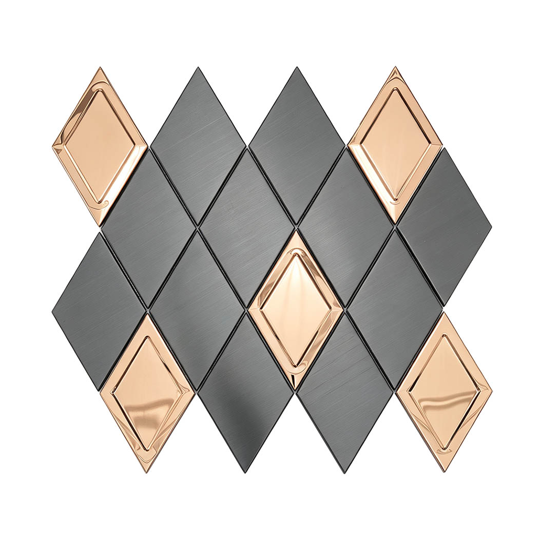 Black brushed metal and rose gold diamond mosaic tile sheet
