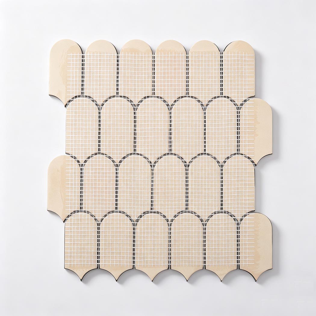 Back view of black silver ripple fan metal mosaic tile sheet with mesh backing