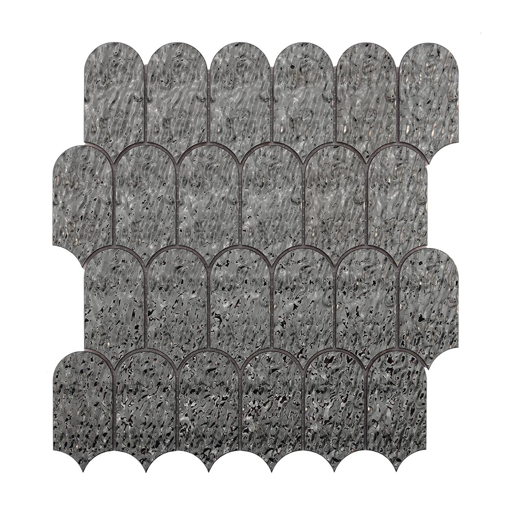 Front view of black silver ripple fan metal mosaic tile sheet
