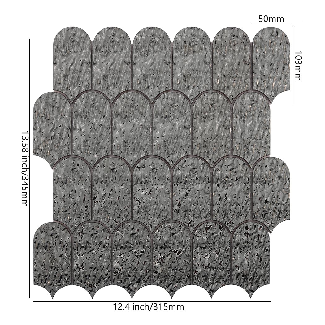 Black silver ripple fan metal mosaic tile sheet with size details