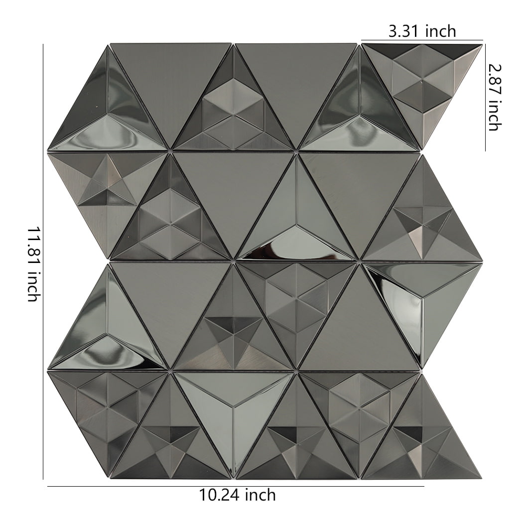 Black 3D triangular stainless steel mosaic tile sheet with height and width dimensions.