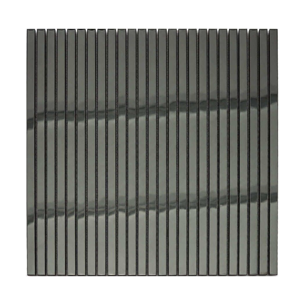 Front view of black stainless steel pencil shower tile sheet