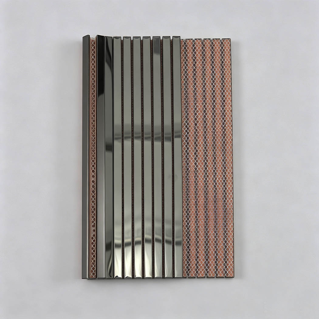 Back view of black stainless steel pencil shower tile with mesh backing