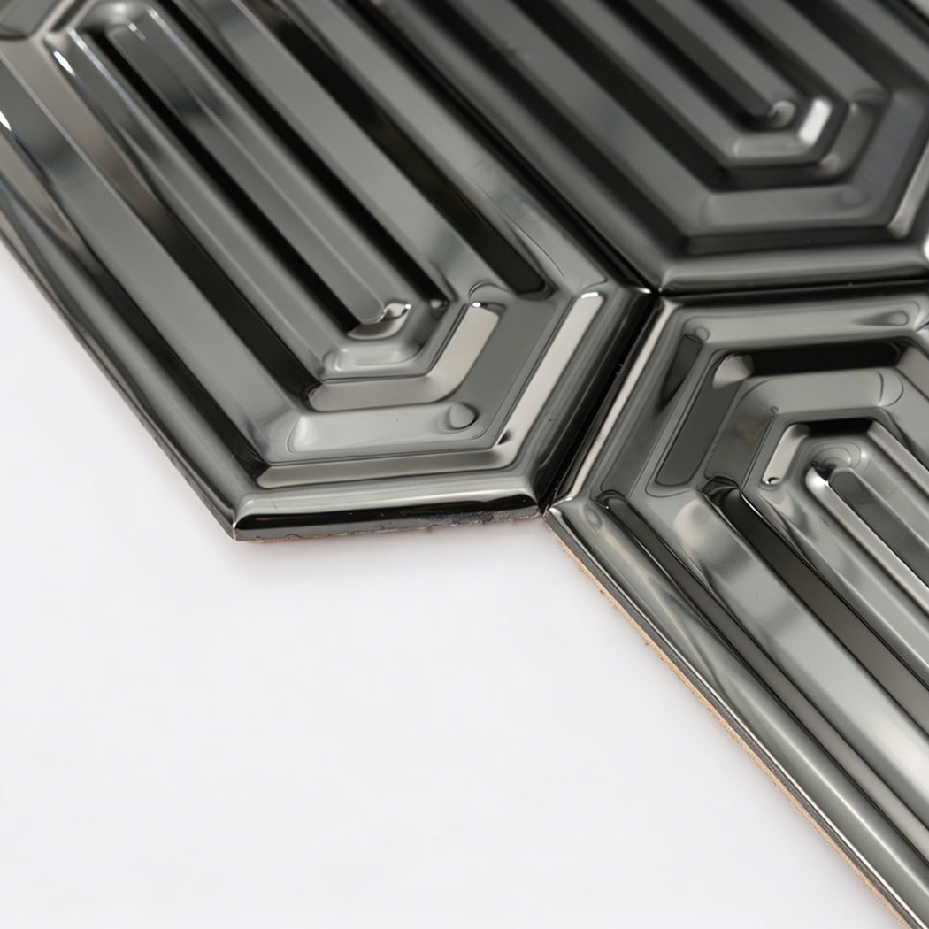 Black stainless steel picket mosaic tile sheet angled display with reflective finish