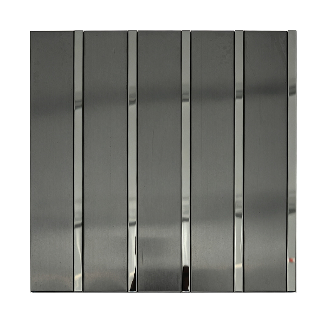 Front view of a black stainless steel striped tile sheet