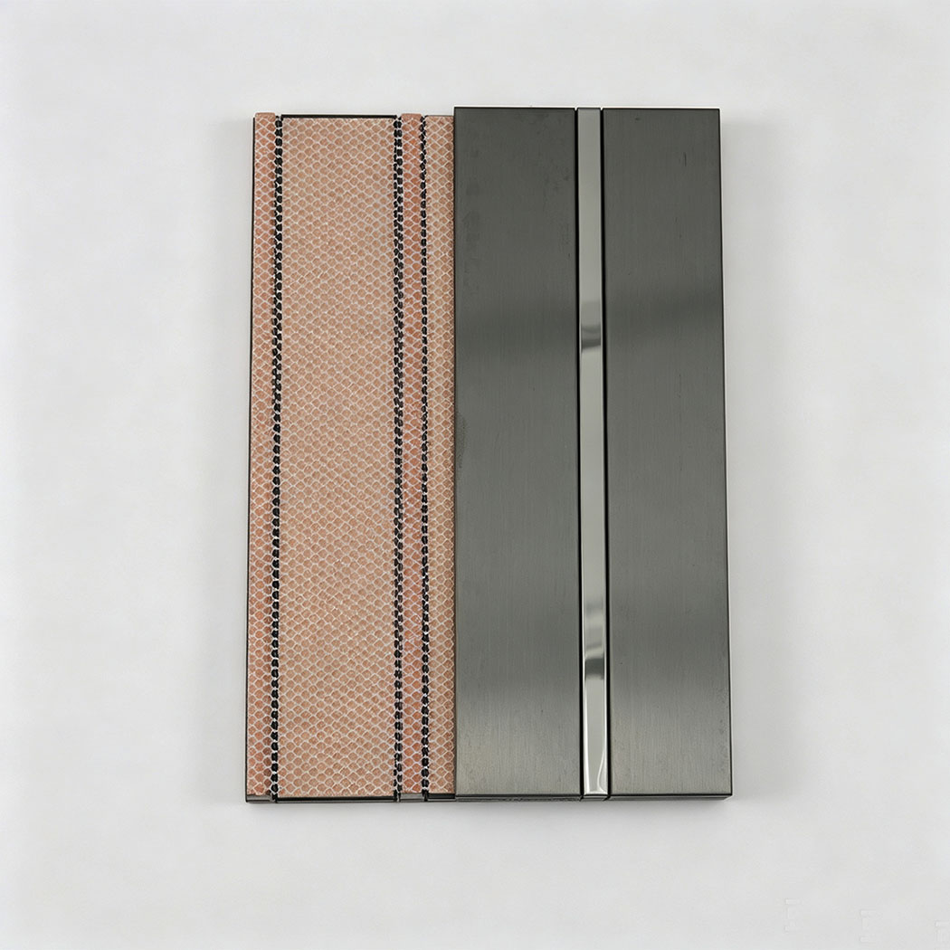 Back view showing mesh backing on a black stainless steel tile sheet