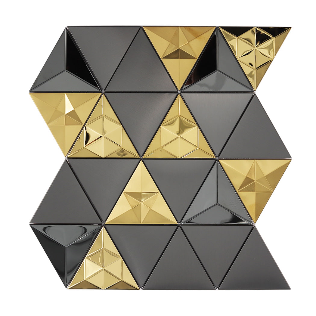 Front view of a black and gold 3D triangle metal mosaic tile sheet.