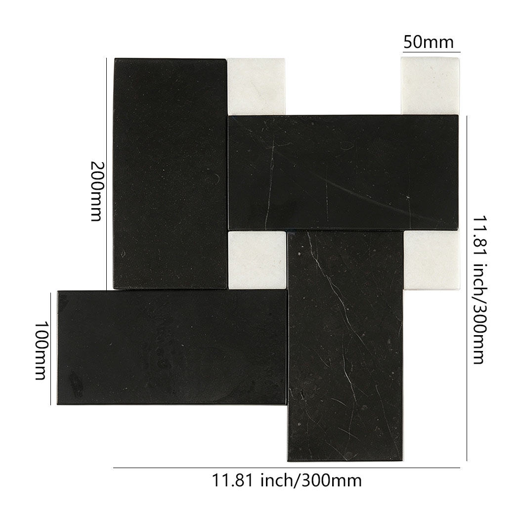 Black and white geometric marble tile with 300 mm sheet dimensions