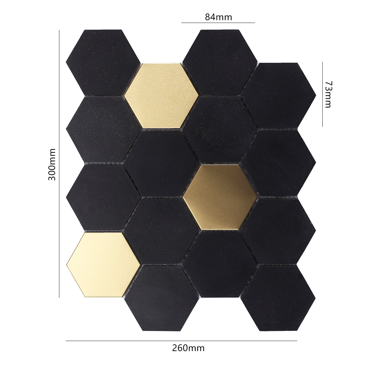 Black and gold hexagonal mosaic tile design with varying tile sizes