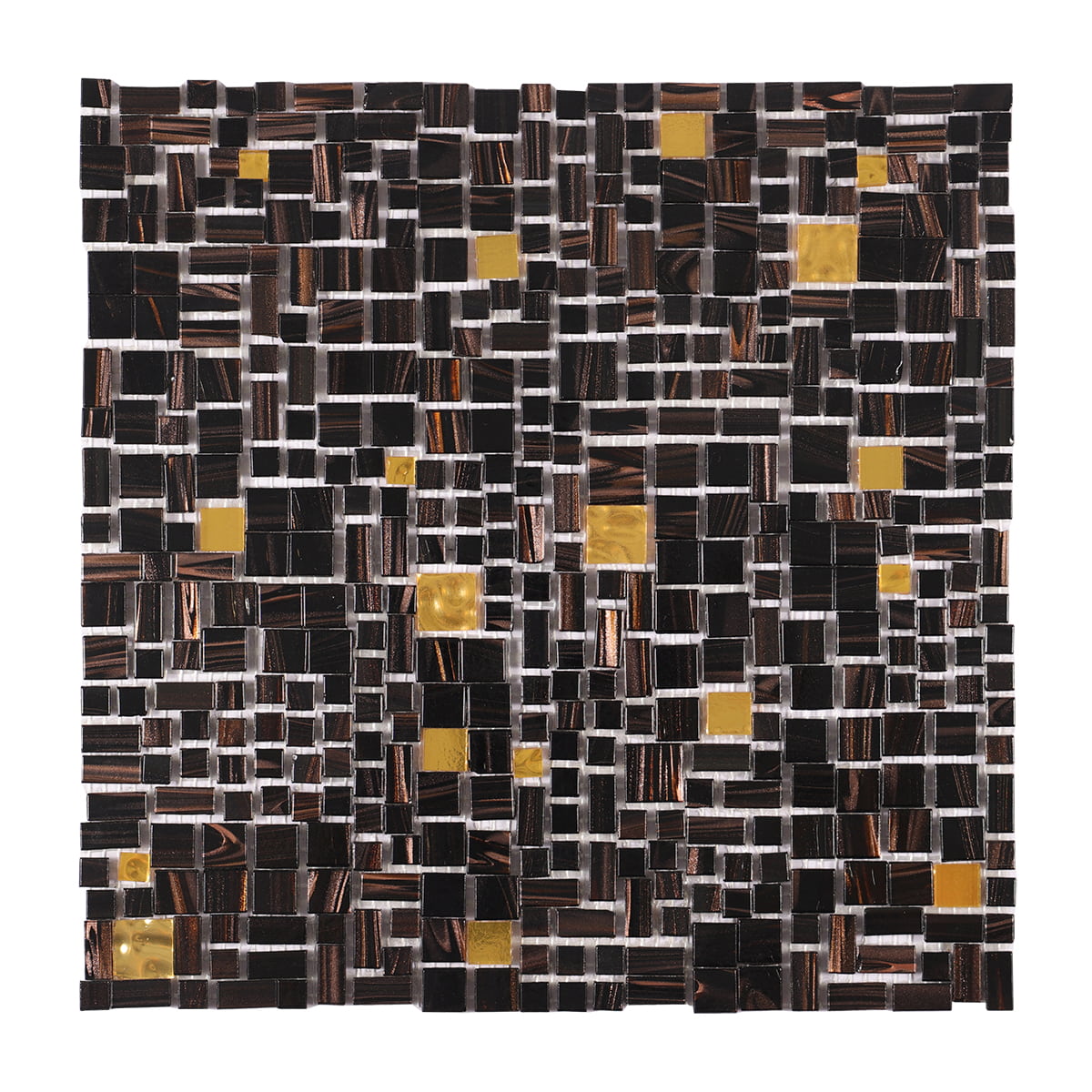 Black and gold mosaic tile sheet with a mix of glass and metal in an intricate geometric pattern