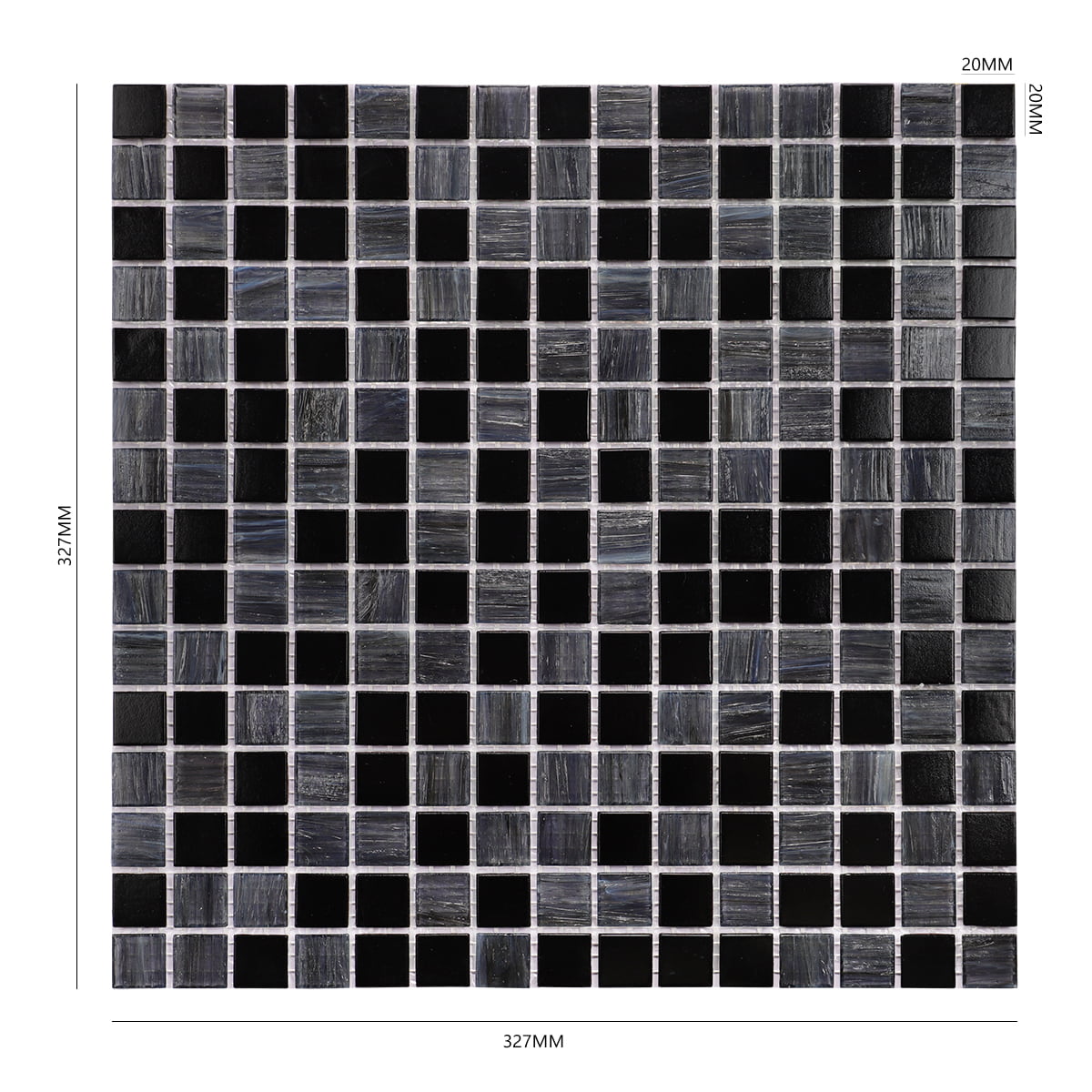 Black and gray mosaic tiles with a modern, stylish design in a square grid pattern