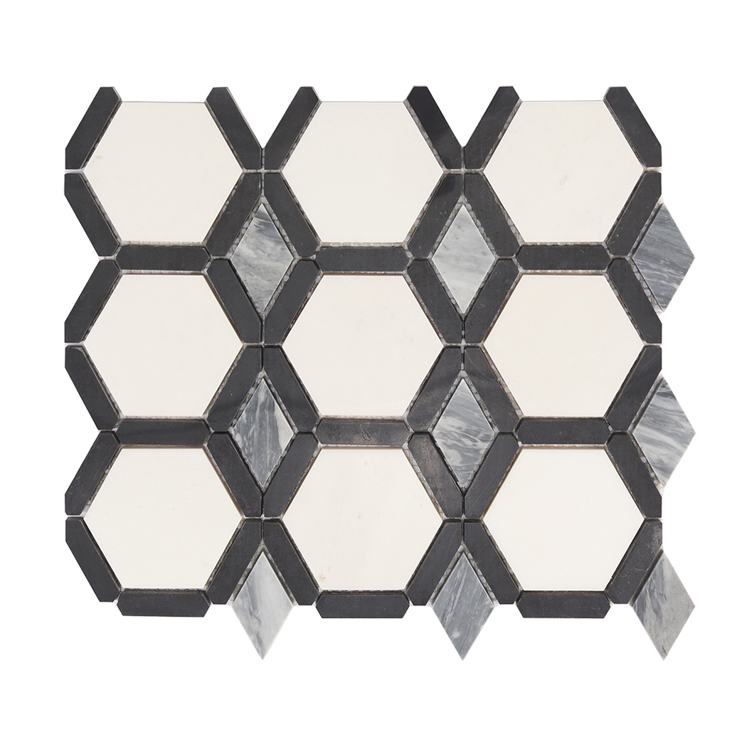 Full sheet of black and white hexagon marble mosaic tile with gray marble diamonds