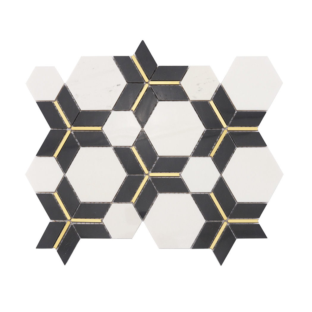 Full sheet of black and white marble hexagon mosaic tile with gold metal lines