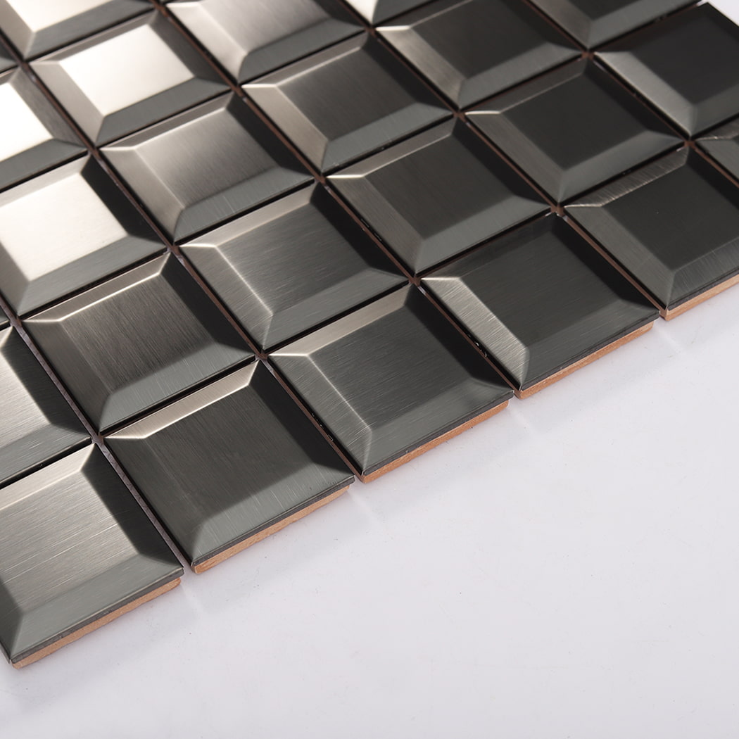Side view showing thickness of black brushed stainless steel mosaic tile