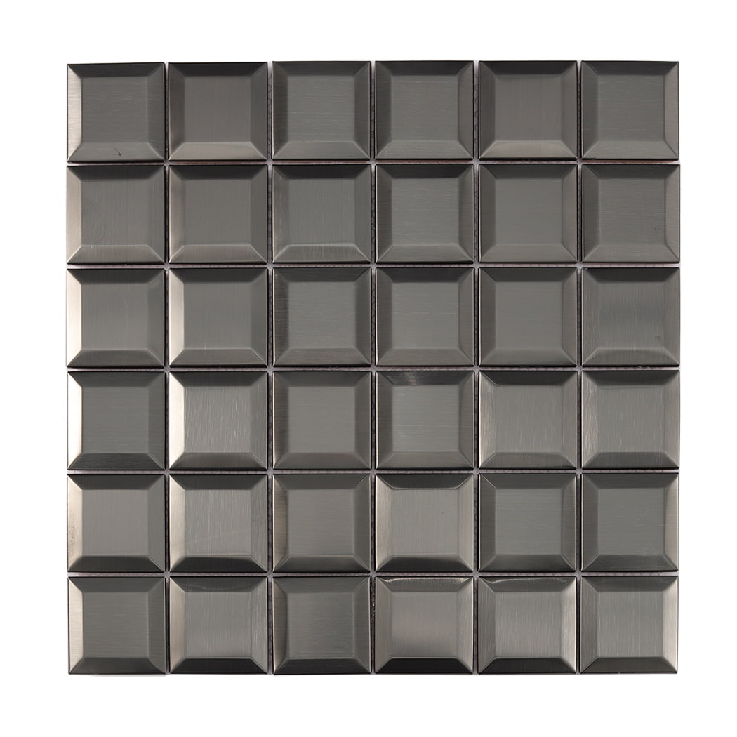 Front view of black brushed stainless steel square mosaic tiles